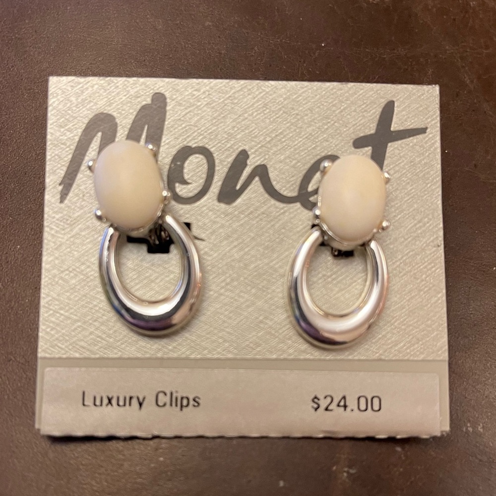 Monet Luxury Clip Earrings White and Silver Tone